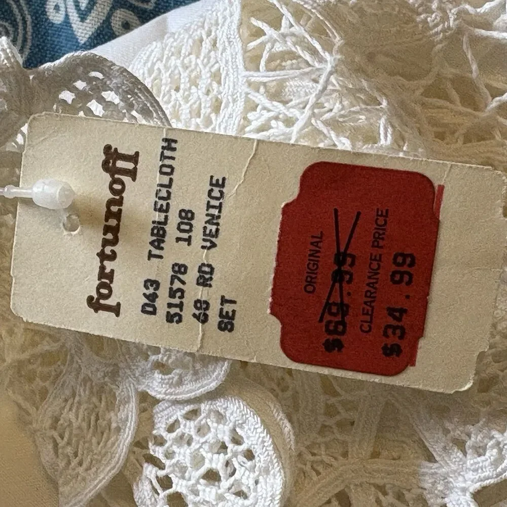 White Battenburg Lace Tablecloth From Fortunoff Round 64” Diameter New W/ Defect
